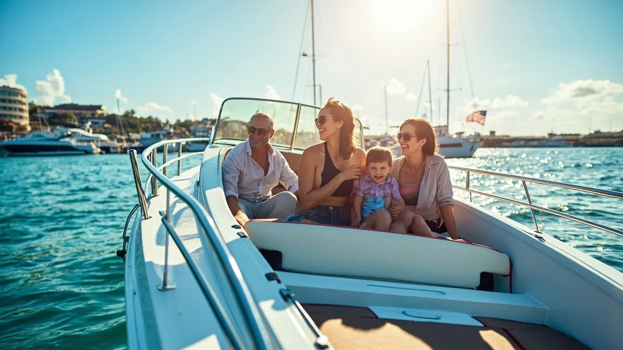 Familienfreundliches Konsolenboot mit Sonnendeck im sonnigen Hafen