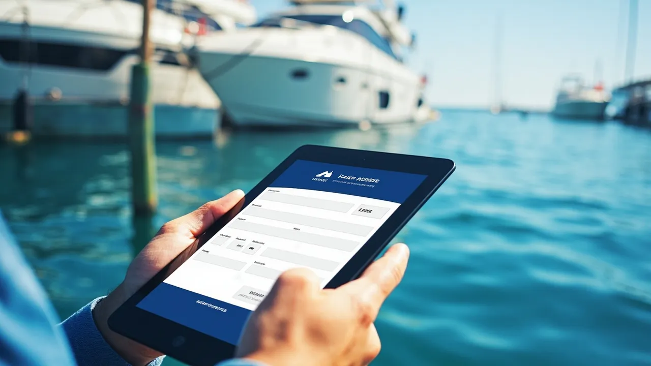 Symbolbild: ein Smartphone mit einer Kartenansicht eines Yachthafens, im Hintergrund Boote am Steg eines Reviers