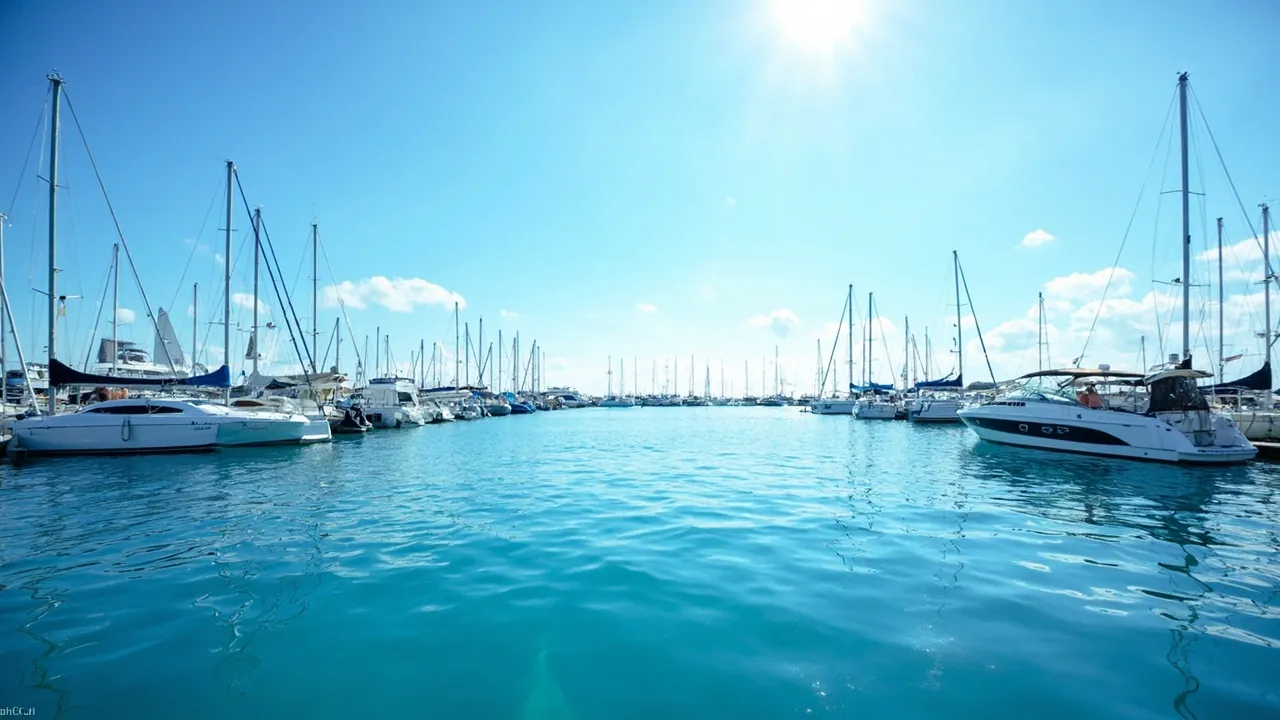 Sonnige Marina mit vielen Booten an den Stegen unter blauem Himmel